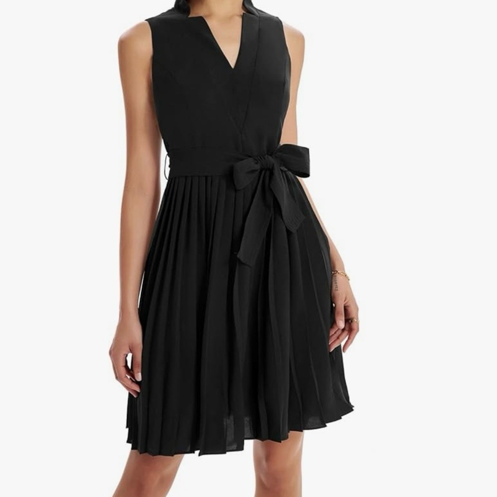 Grace Karin Black Dress Medium Pleated Flare Sleeveless Knee Length V-neck NEW